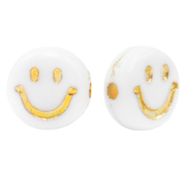 Hovedbilde Hvite  acrylperler med Gull  Smileys - 7 mm